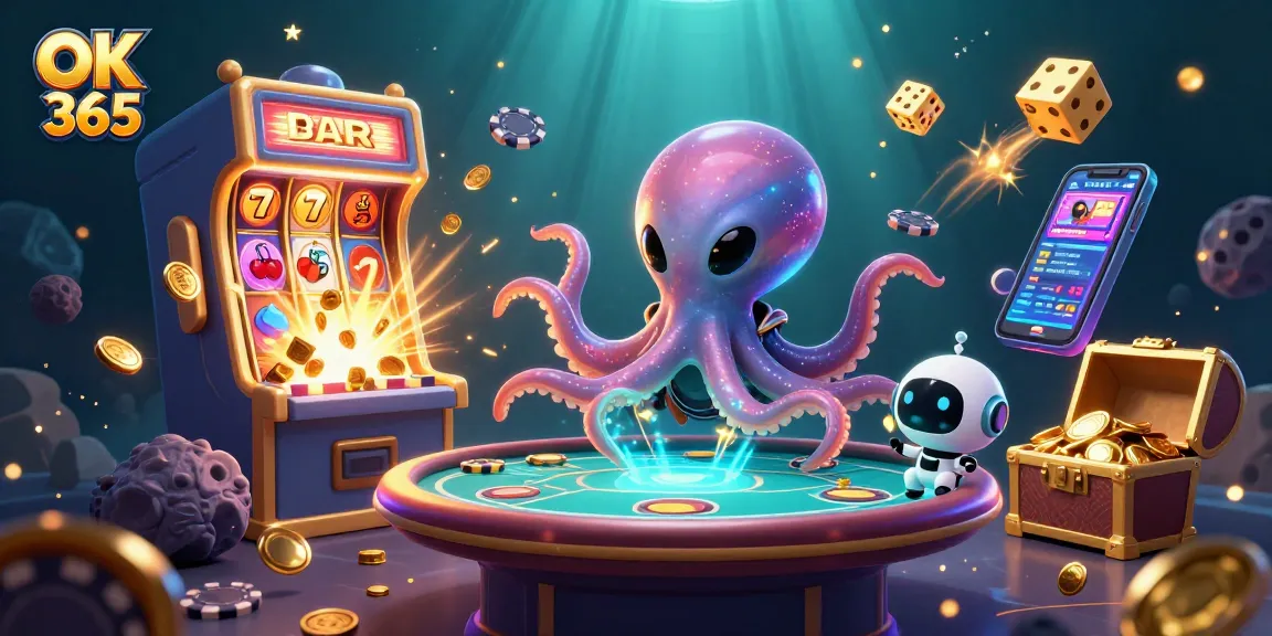 Engage with OK 365 through a vibrant casino scene featuring an alien octopus playing poker.