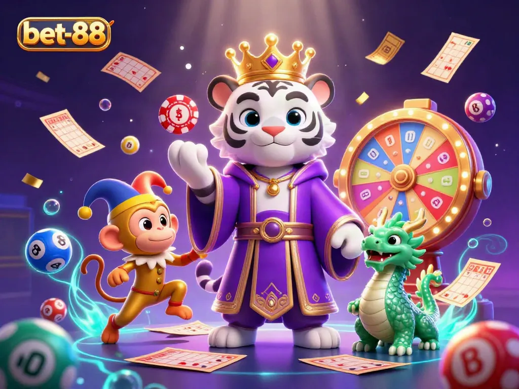 Engage in a vibrant bet-88 gaming experience with dynamic characters and lottery elements.