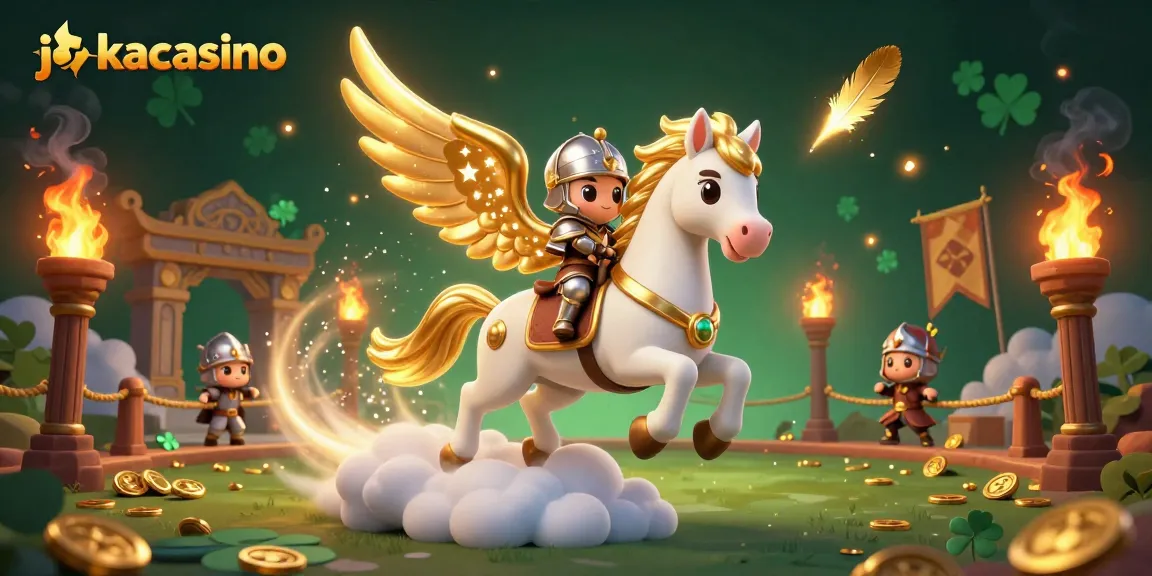 Experience the thrill at jokacasino with a knight atop a celestial horse amid a vibrant casino atmosphere.