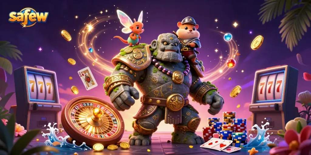 Experience the magic of safew with a golem guardian, fairy companion, and hamster knight amidst dynamic casino elements.