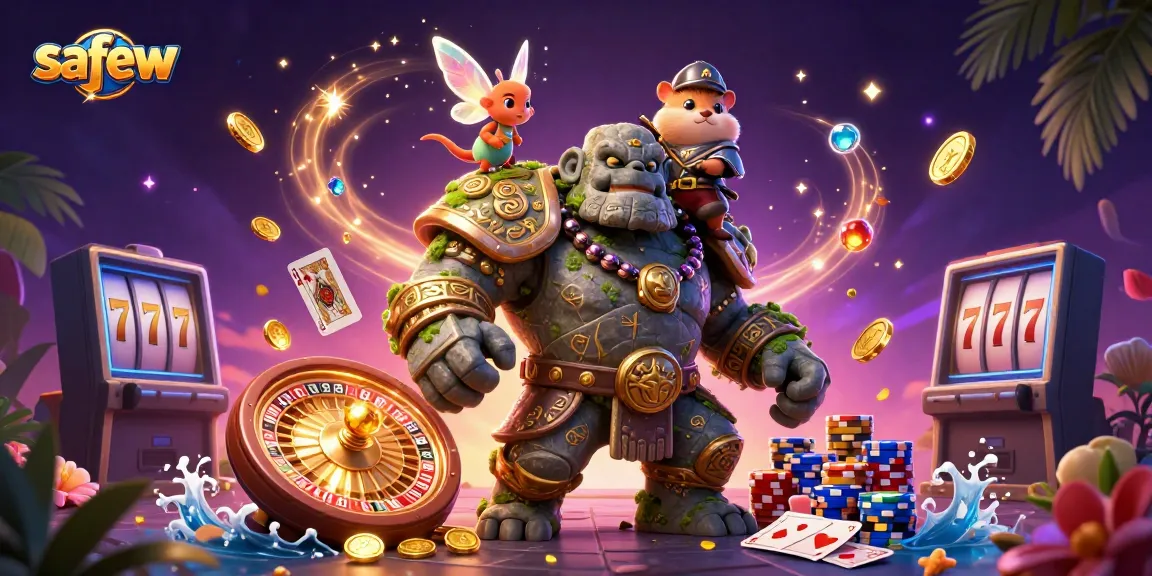 Experience the magic of safew with a golem guardian, fairy companion, and hamster knight amidst dynamic casino elements.