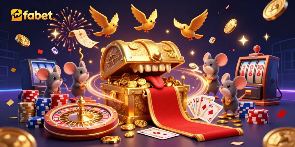 Engaging fabet illustration with treasure chest, coins, and casino elements promoting excitement.