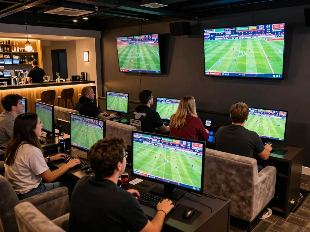 Kèo nhà cái hôm nay showcased in a lively sports betting lounge with screens displaying live matches