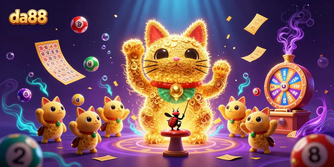 Engage in thrilling lottery excitement with da88's vibrant golden lucky cat and casino-themed elements.