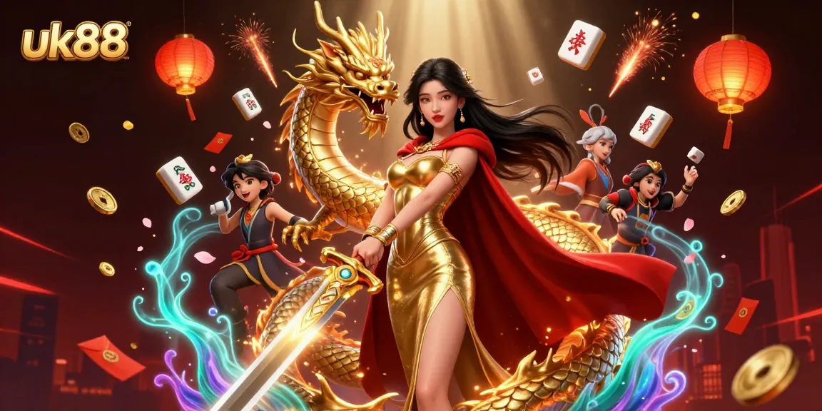 Experience exciting gameplay at uk88 with a warrior queen and golden dragon amidst vibrant casino elements.