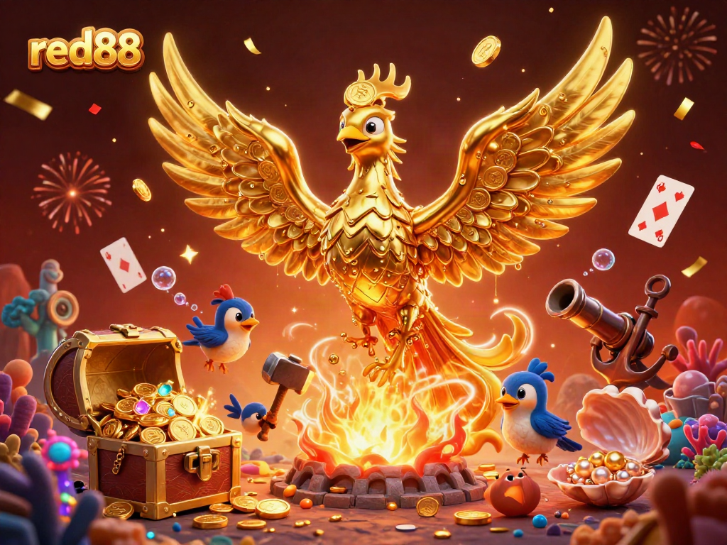 Experience the excitement at red88 with a captivating scene featuring a molten metal phoenix and vibrant casino elements.