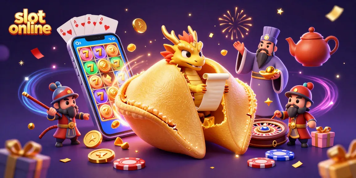 Experience the thrill of slot online with vibrant illustrations of fortune cookies, dragons, and iconic gaming elements.