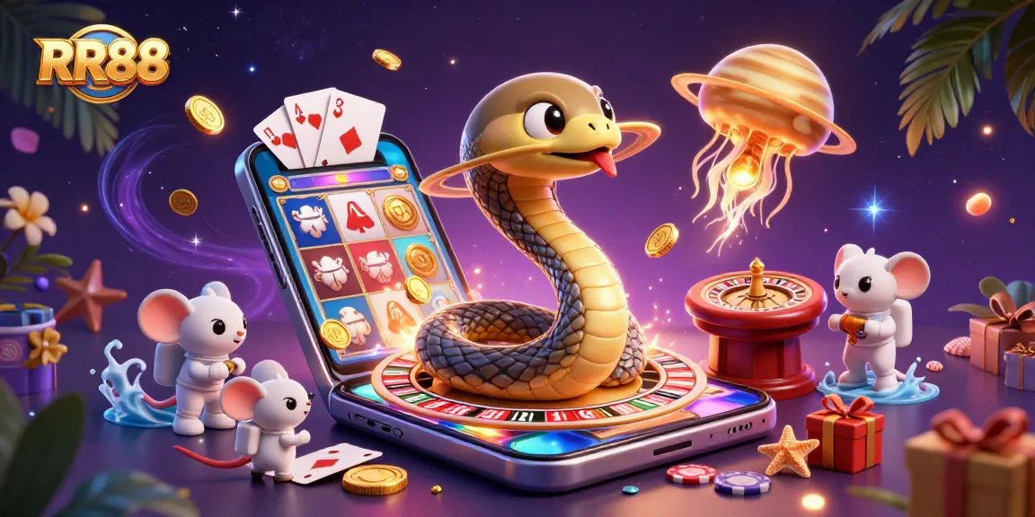 Experience RR88's thrilling cosmic casino with animated astronaut mice betting on a Saturn roulette wheel.