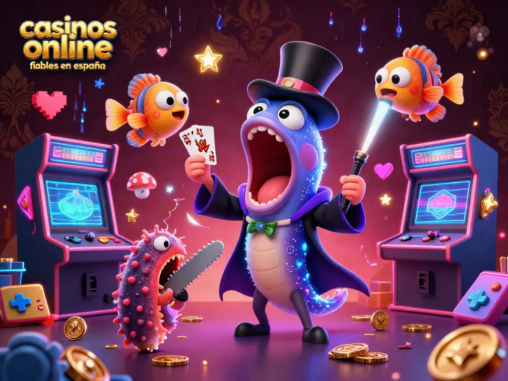 Juega en casinos online fiables en España con una emocionante ilustración de un casino con elementos 3D coloridos.