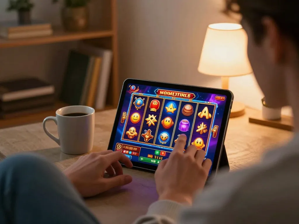 Engaging online gaming experience with badak178 slot game displayed on tablet in cozy setting