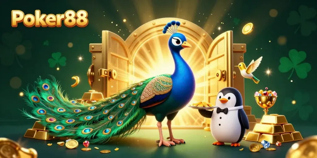 Experience gambling excitement at Poker88 with vibrant characters and treasures in a rich, detailed 3D illustration.