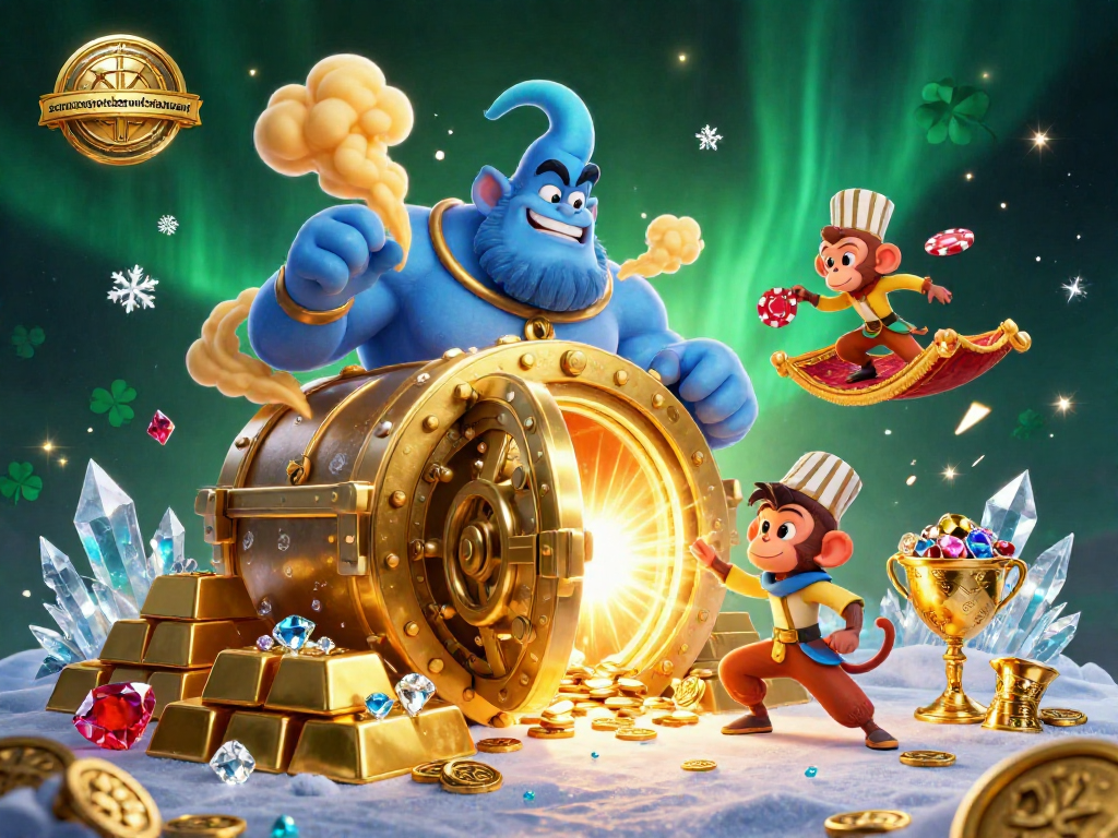 Experience the excitement of scorerssportsbarandrestaurant with this vibrant casino illustration featuring a genie and treasures.