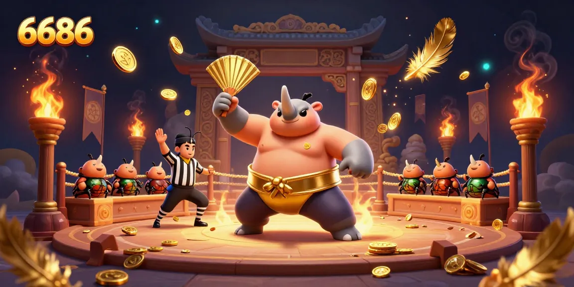 Experience thrilling gameplay at 6686 with a dynamic sumo beetle champion illuminating the casino atmosphere.