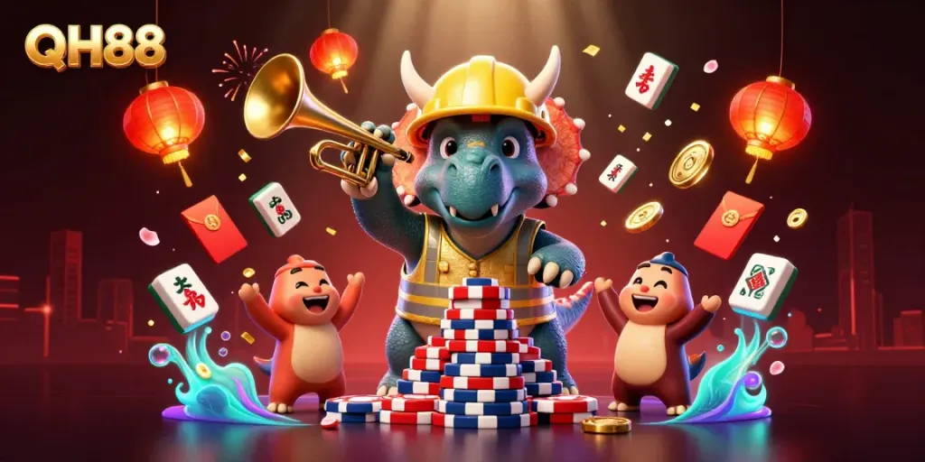 Celebrate wins at QH88 with vibrant gaming action featuring playful dinosaur characters.