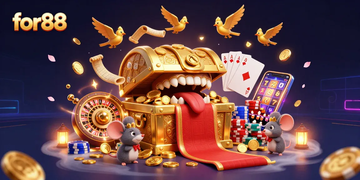 Experience for88's thrilling gaming with a treasure chest, coins, and vibrant casino elements.