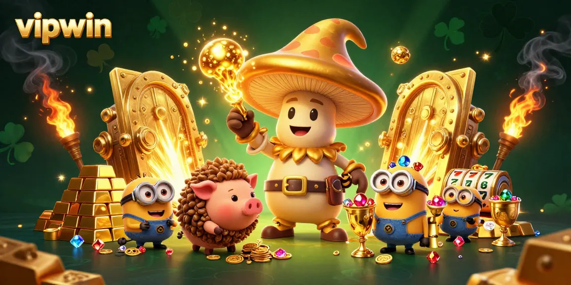Experience thrilling gameplay with vipwin featuring golden treasures and magical elements in a vibrant casino scene.