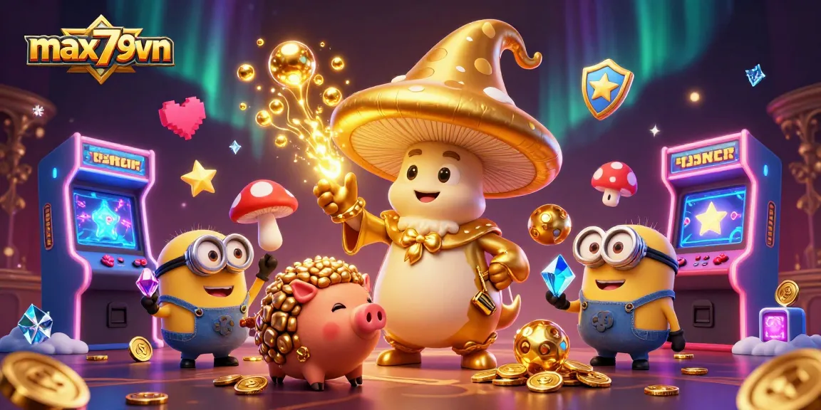 Max79vn's vibrant casino world with a magical mushroom wizard, treasure-hunting pig, and colorful gaming elements.