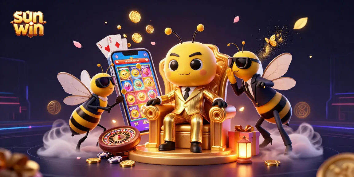 Experience sun win thrills with a dynamic 3D casino illustration featuring slot games and vibrant characters.
