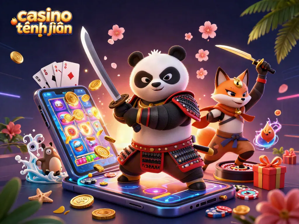Hình ảnh casino trực tuyến tặng tiền với hoạt hình samurai và ninja trong không gian trò chơi đầy sắc màu