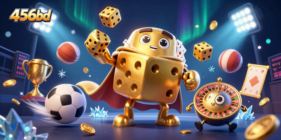 Engage with 456bd's thrilling atmosphere featuring dynamic golden dice and sports elements in a vibrant scene.