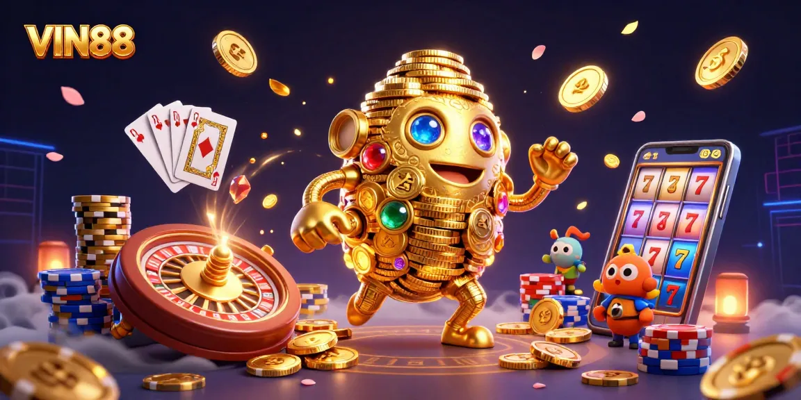Spin the reels with VIN88's captivating golden golem amidst dazzling casino elements.