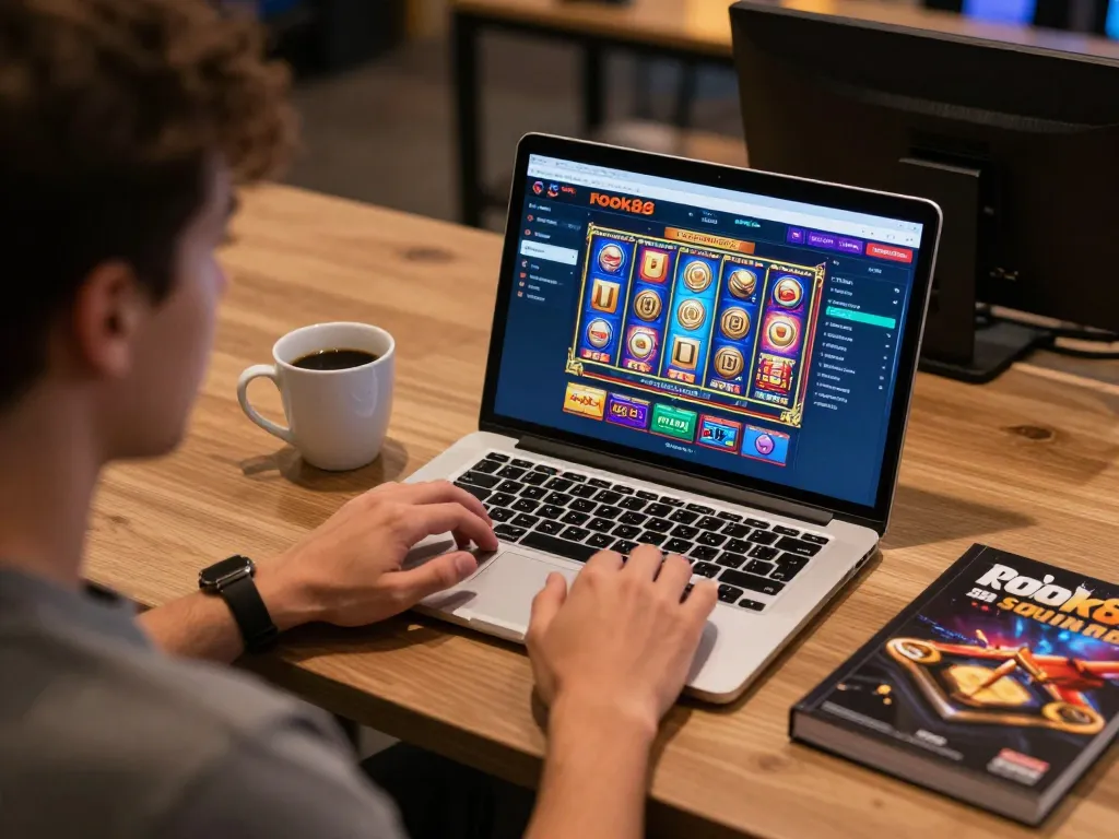 Player engaging with rokok88 online slots interface on a laptop, showcasing strategic gameplay environment