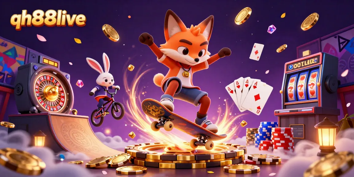 Experience thrilling action with qh88live as a skateboarder fox flips over golden poker chips