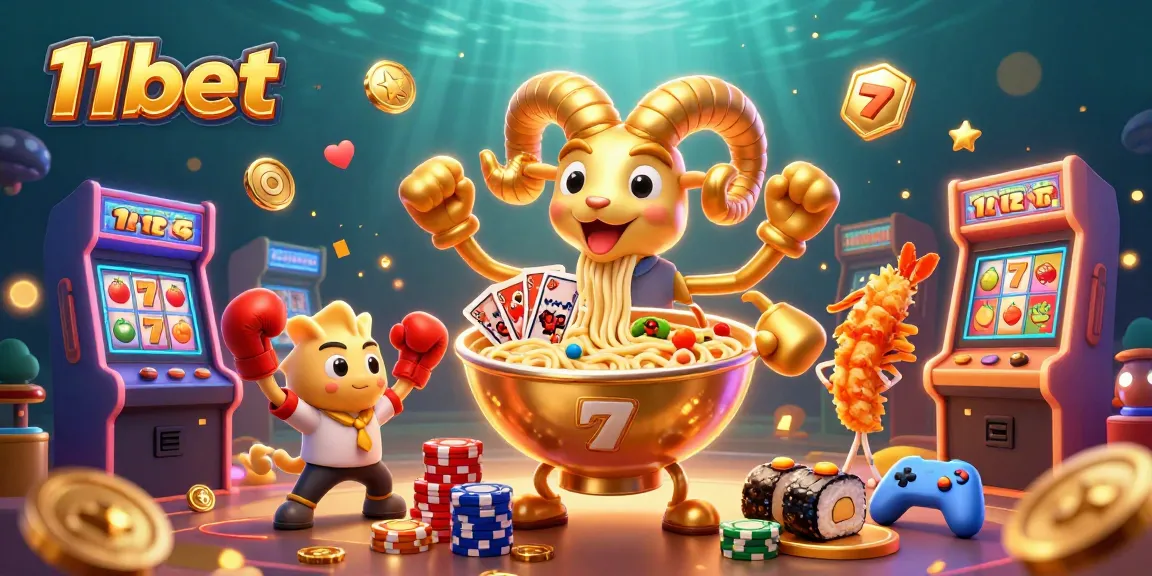 Engage with 11bet's fun-filled 3D illustration of a casino scene with unique characters and vibrant game elements.