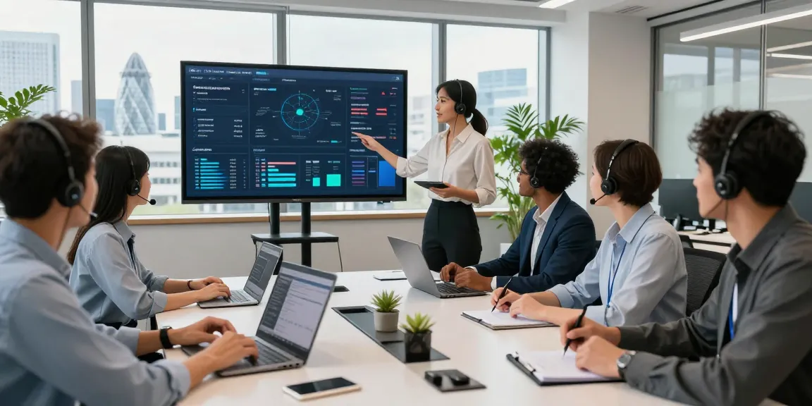 London business IT support team collaborating in a modern office space, showcasing real-time monitoring dashboards and IT strategies.