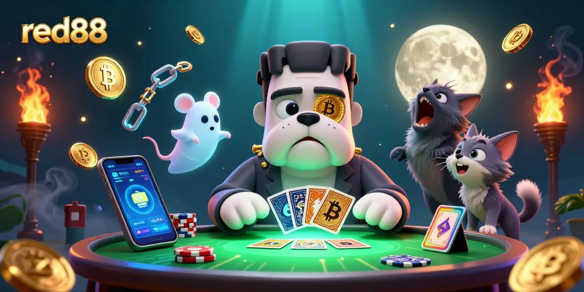 Discover winning strategies with red88 at a spooky casino table surrounded by colorful crypto elements.