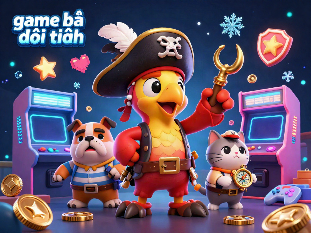 Play the vibrant game bài đổi thưởng with characters amidst glowing arcade machines and colorful gaming elements.
