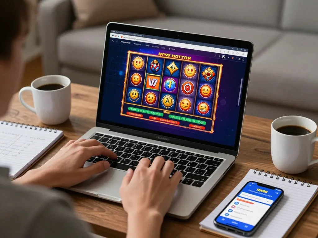 Engaging online NK88 gaming setup with player ready to place bets, showcasing laptop screen filled with vibrant slots.