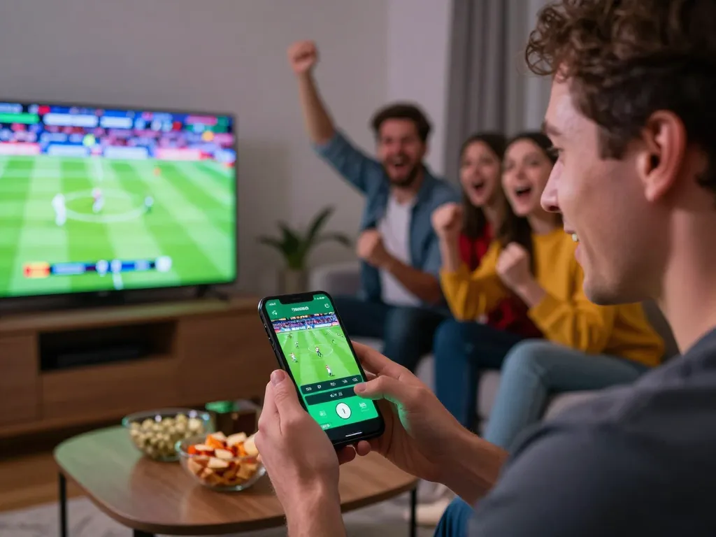 Engaging in sports betting with link sbobet88 app during a live football game.