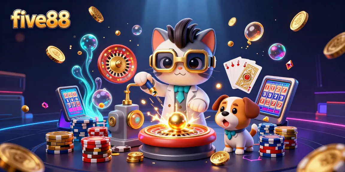 Spin and win at five88 with a vibrant casino scene featuring mad scientist cat and assistant