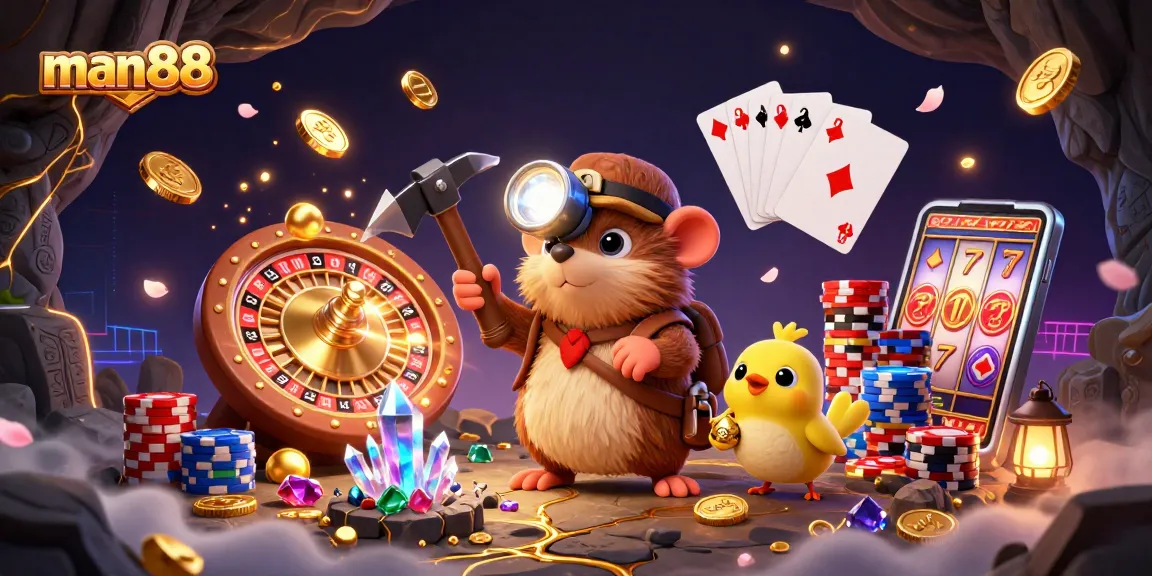 Experience thrilling gaming adventures at man88 with a mole treasure hunter amidst sparkling casino elements.