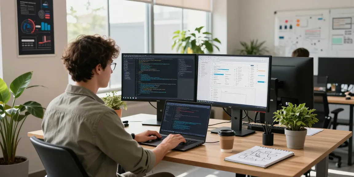 Build internal tools with AI in a vibrant tech workspace with a developer coding and collaborating on project management.