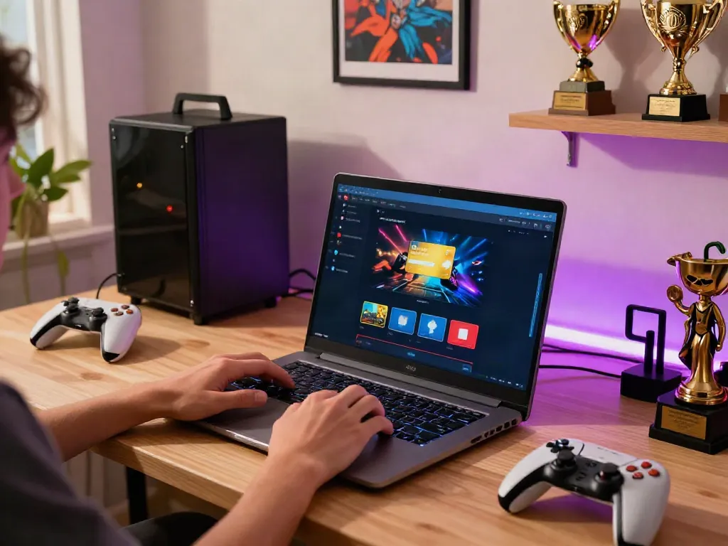 Engaging scene showing a player enjoying a credit card casino experience on a laptop at home, with gaming elements and vibrant decorations.