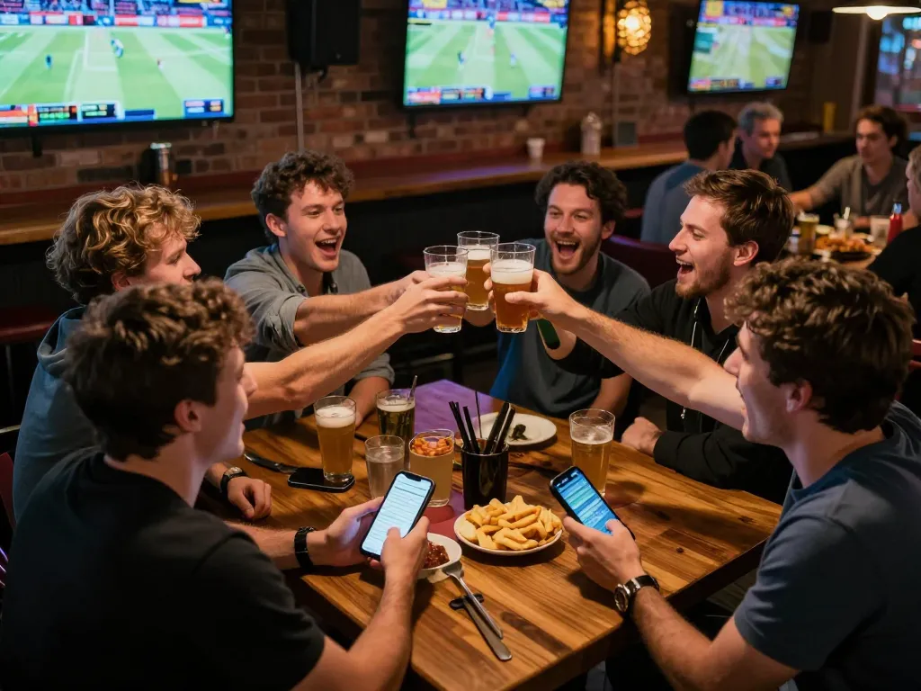 Exciting sports betting moment at a bar, people engaging and placing bets using tylekeonhacai88 app.
