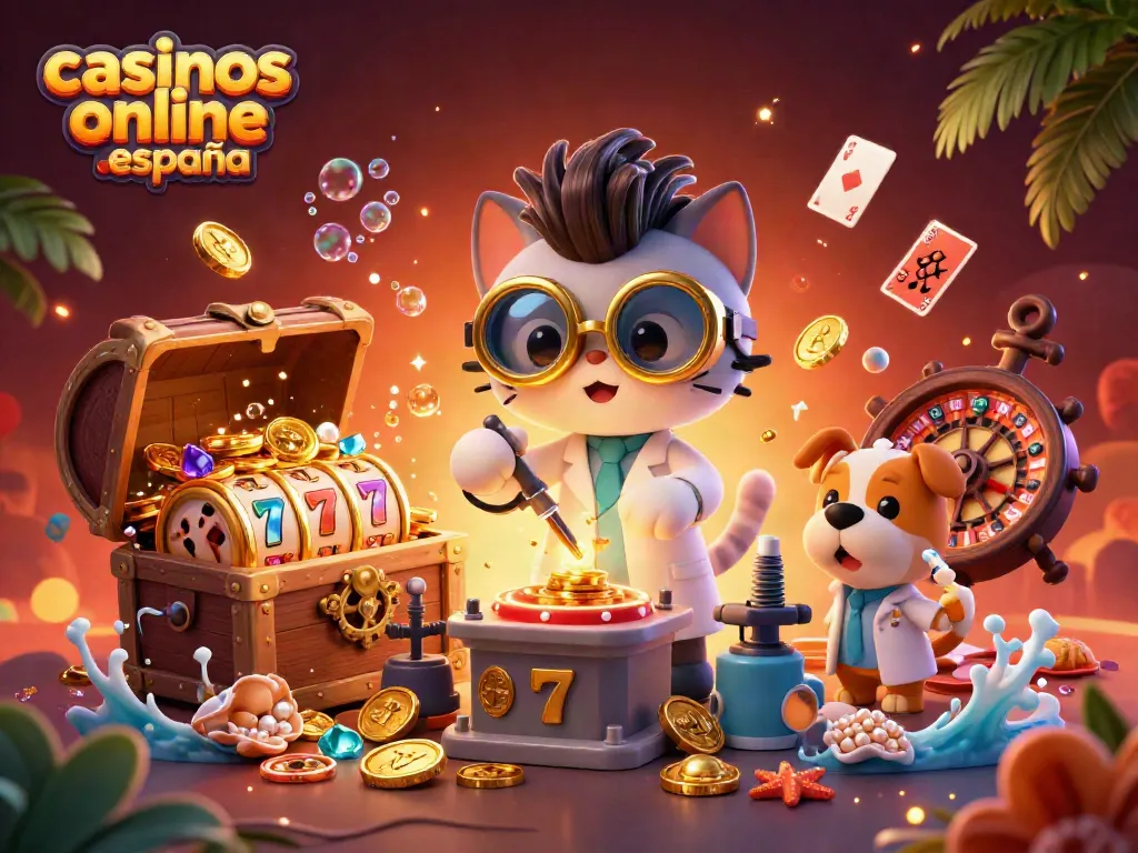 Disfruta de casinos online en España con una ilustración de un gato científico y su perro en un entorno dinámico.