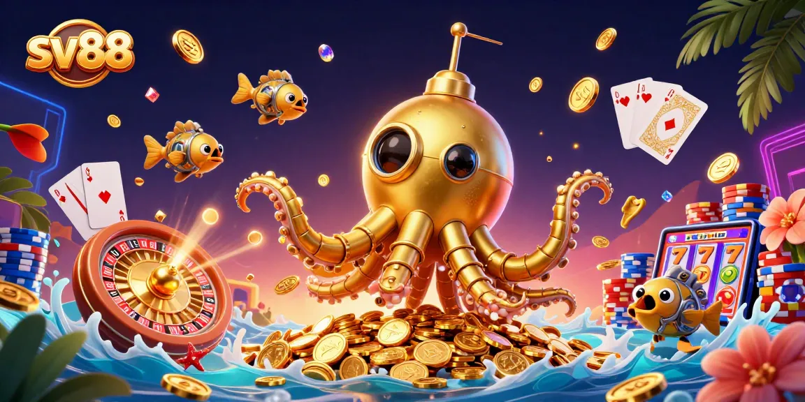 Experience thrilling gaming moments with sv88's vibrant 3D casino scene of golden kraken and rich game elements.