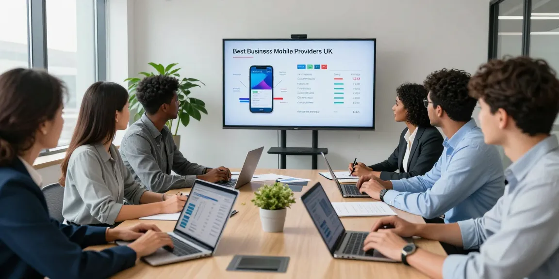 Team in a modern office discussing the best business mobile providers UK during a strategy session.