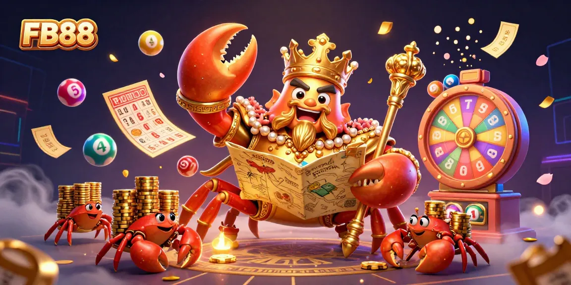 Bet and win with FB88, featuring a golden crab emperor in a vibrant casino scene
