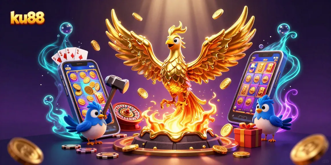ku88 phoenix-themed illustration showcasing exciting casino elements and games in action.