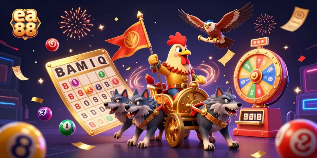 Experience exhilarating gaming with ea 88, featuring a dynamic 3D scene of a rooster warlord chariot.