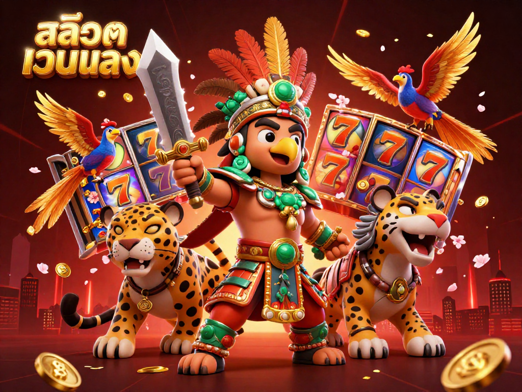 Play สล็อตเว็บตรง with thrilling slot reels and vibrant game elements in a captivating 3D casino illustration.