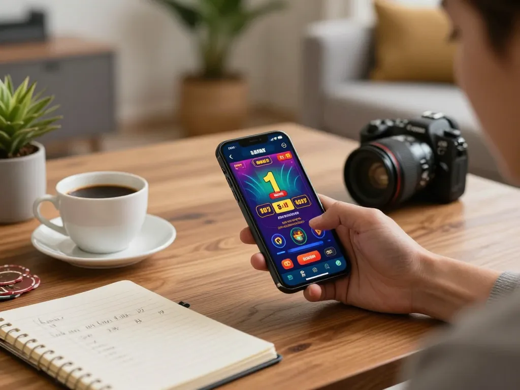 Nổ Hũ gameplay on a smartphone app in a cozy home setting, highlighting strategic planning and responsible gaming.