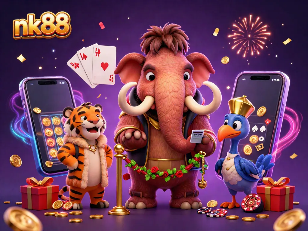 Spin the reels with nk88 featuring a vibrant 3D casino scene with characters and gaming elements.