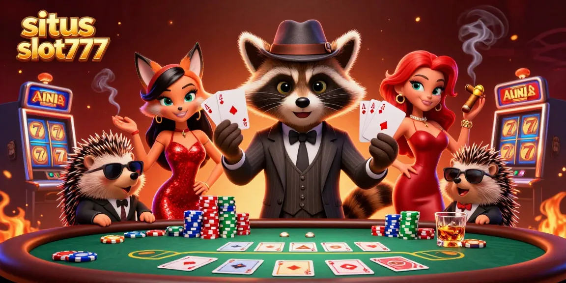 Win big with situs slot777 in this vibrant 3D casino illustration featuring a raccoon, fox, and hedgehog.