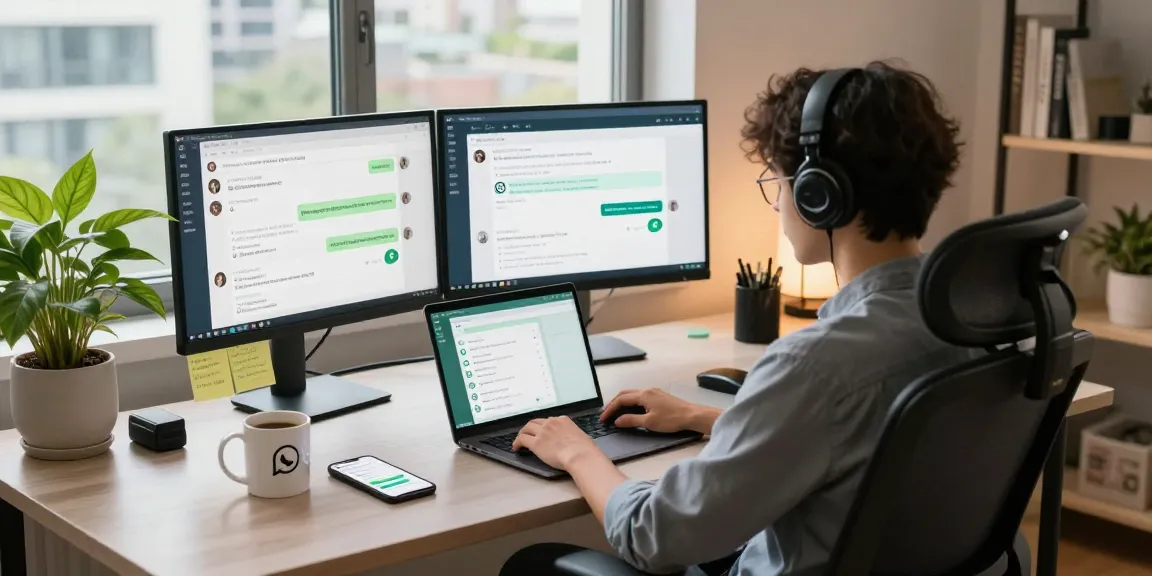 Using WhatsApp電腦版 in a modern home office with engaging tech workspace elements.