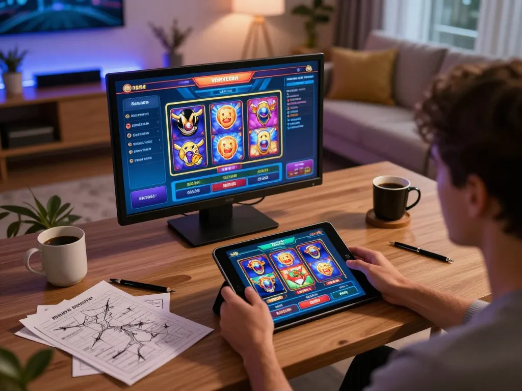 Engaging in SLOT88 gameplay on tablet in cozy home setup with strategy notes and coffee.